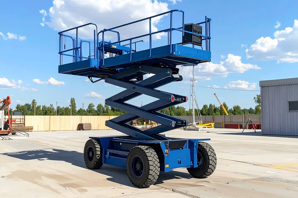 Nacelle ciseaux bleue en position haute sur un chantier